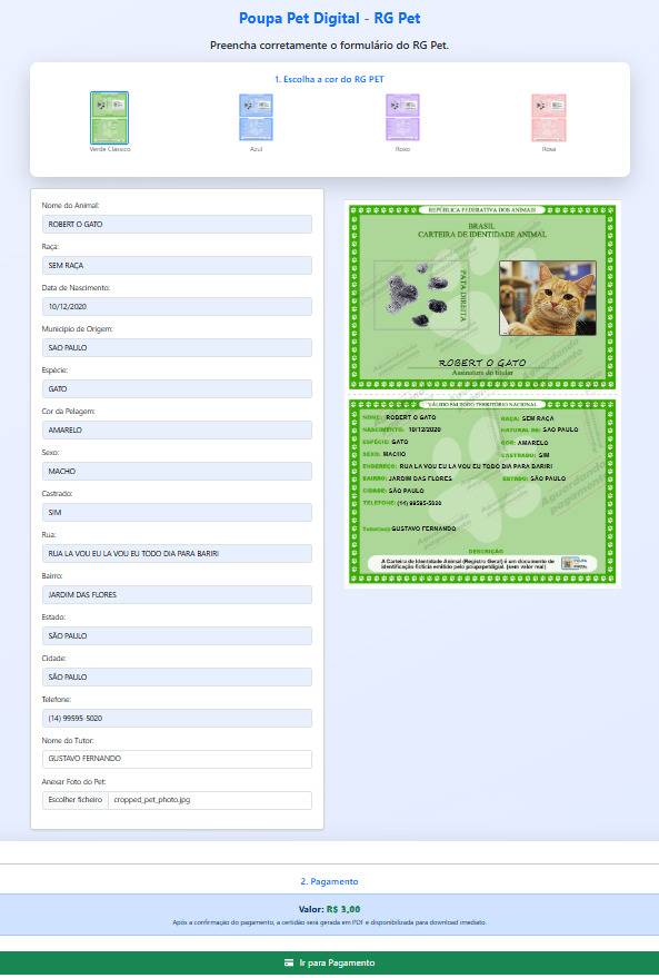 Tela de criação do RG Pet